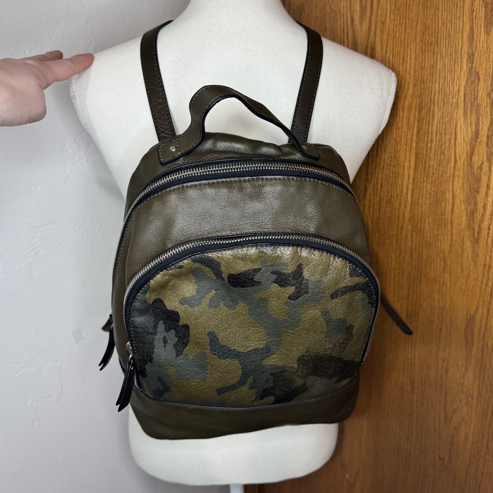 Margot olive leather backpack with camo print front pocket